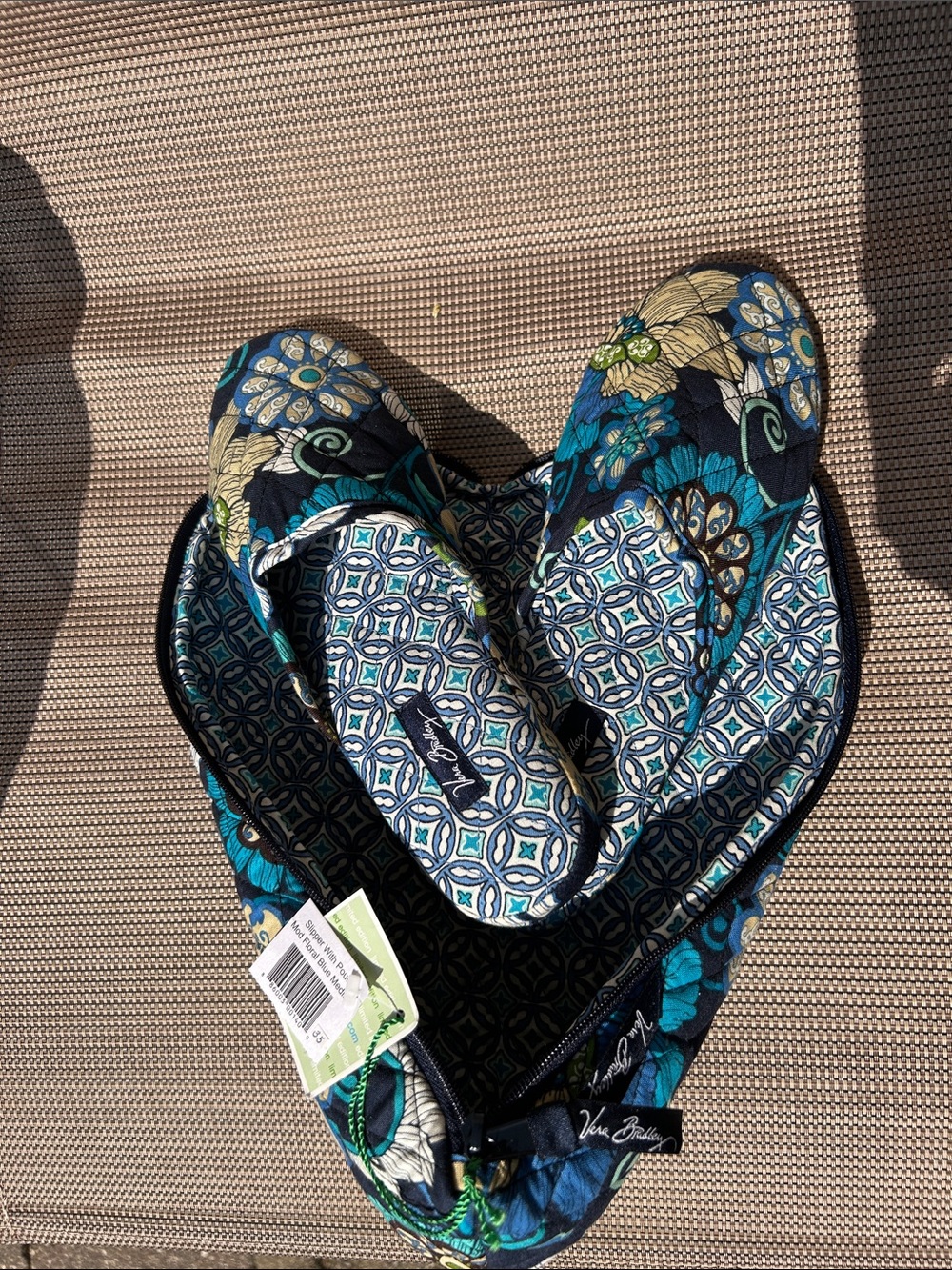 Vera Bradley Teal and Navy Quilted Floral Slippers with Travel Case